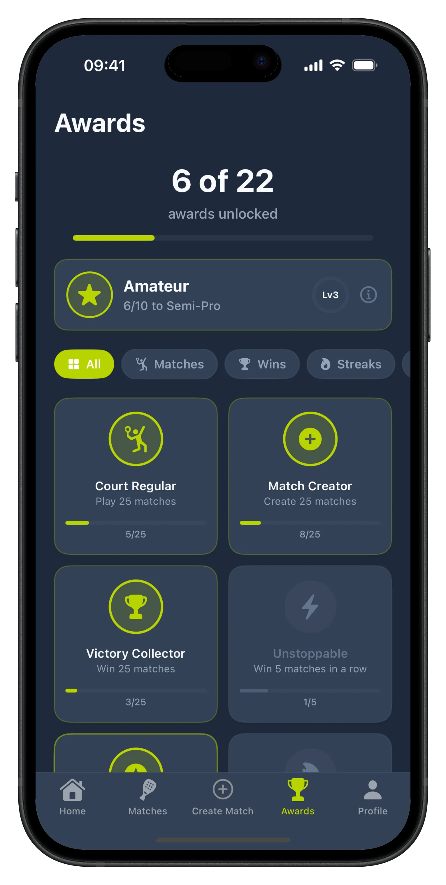 Awards and achievements screen