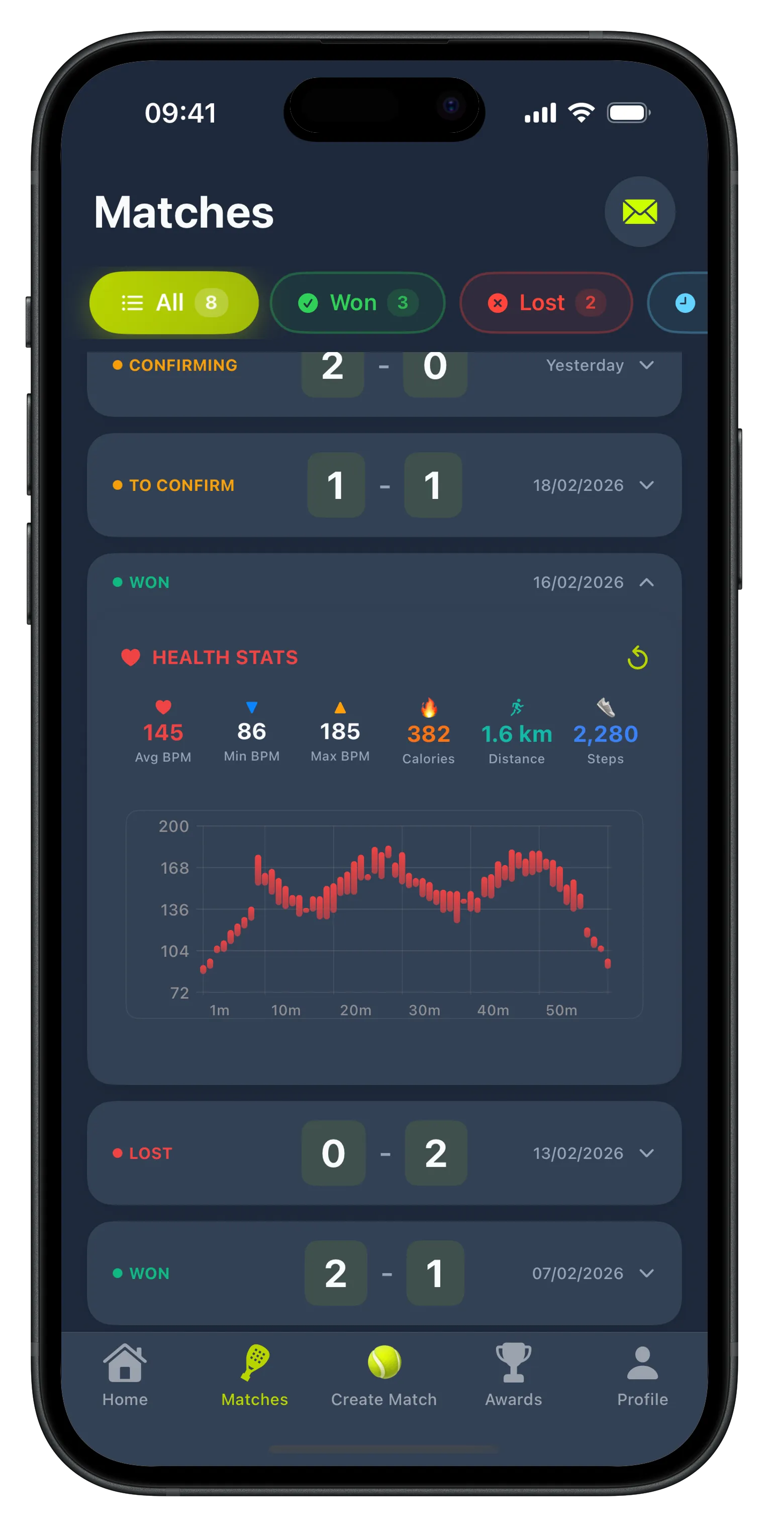 Scorus app showing match history and health stats