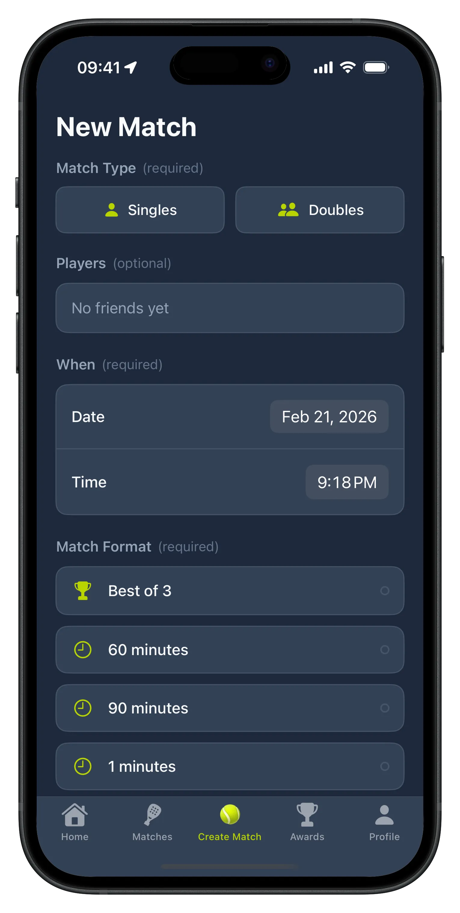 Create new match screen