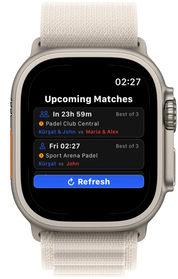 Upcoming matches on Apple Watch